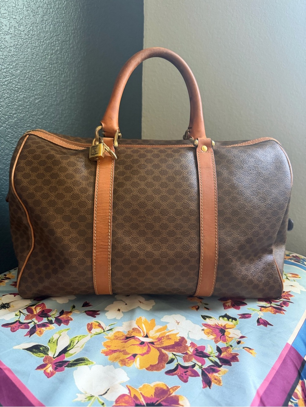 Celine Brown Macadame Boston 40cm Bag with Tan Leather Trim